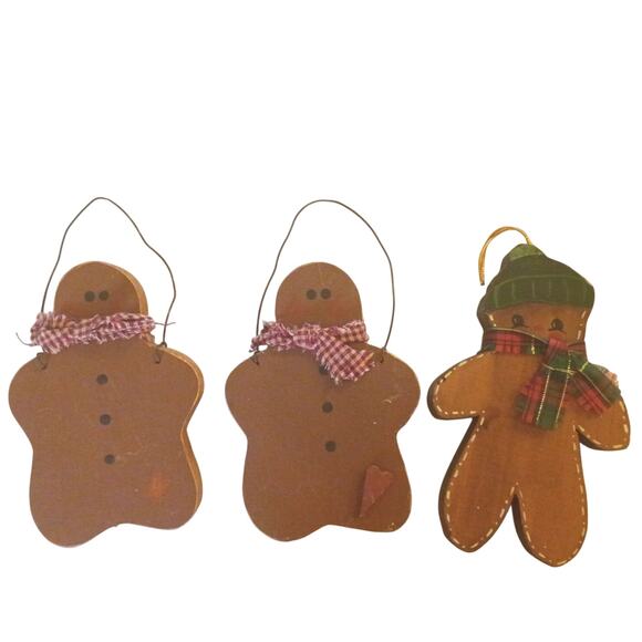 Wooden Handmade Primitive Christmas Gingerbread Ornaments Lot of 3 - Picture 1 of 5